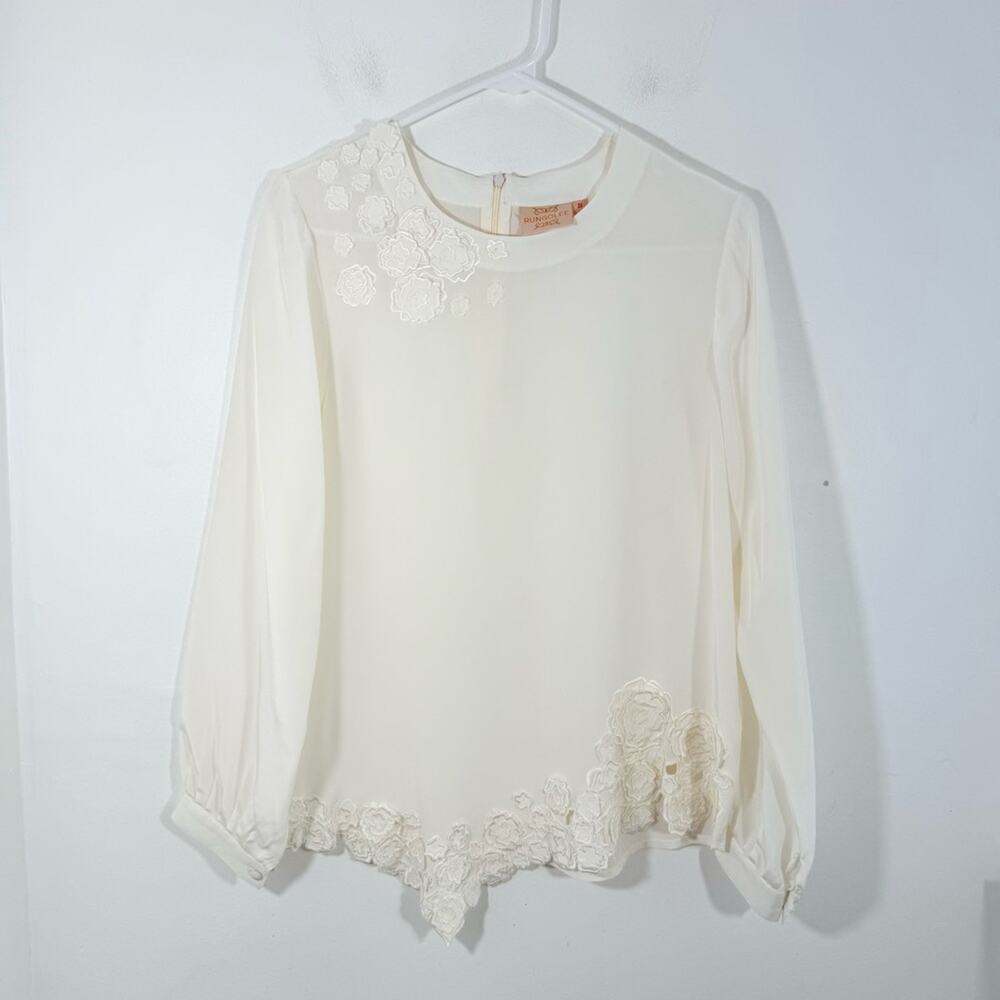 Rungolee Silk Ivory Cream Floral Appliqué Women's Top Blouse Small